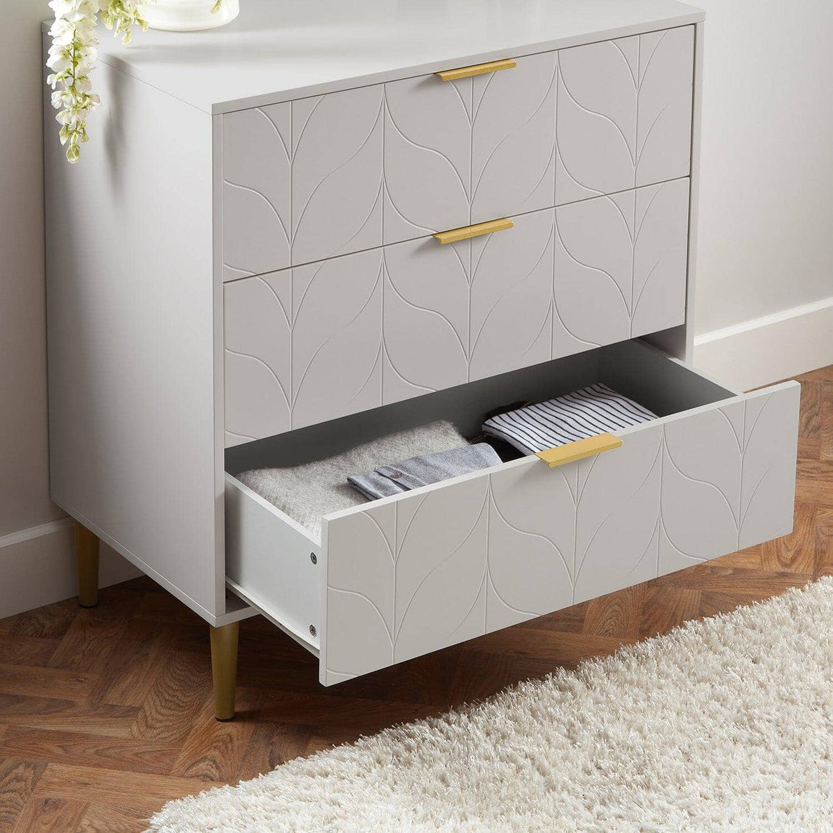 OUTLET - Gloria 3 Drawer Chest of Drawers - Grey & Brass Effect
