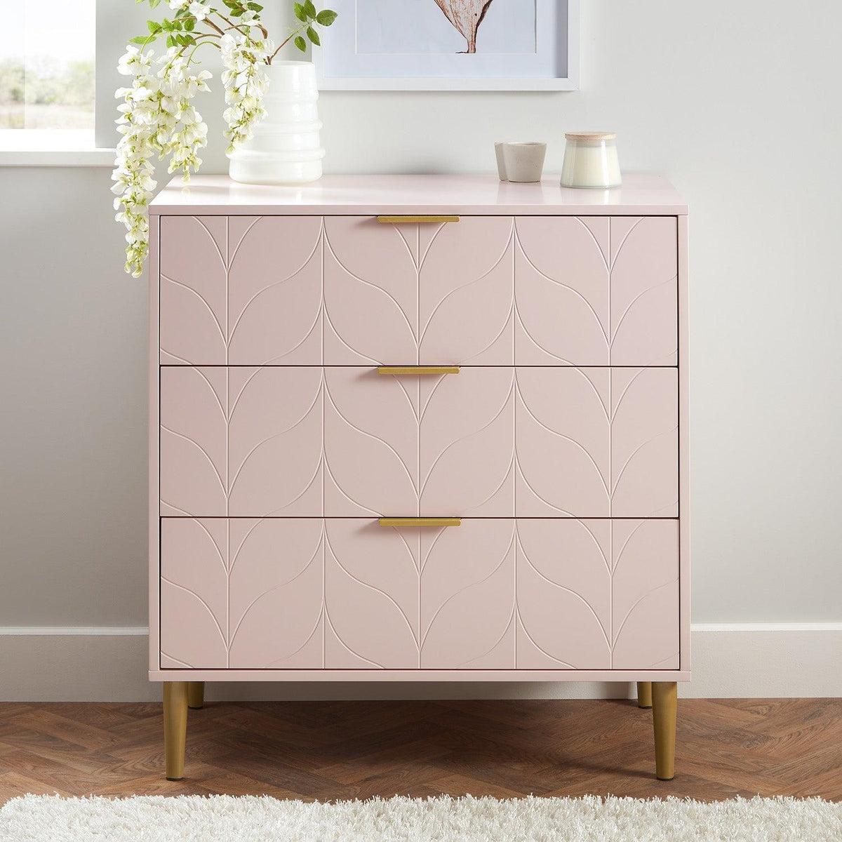 OUTLET - Gloria 3 Drawer Chest of Drawers - Blush Pink & Brass Effect