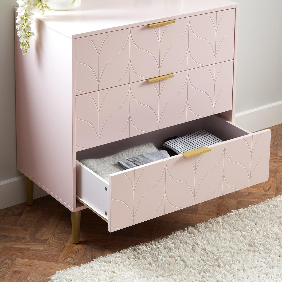 OUTLET - Gloria 3 Drawer Chest of Drawers - Blush Pink & Brass Effect