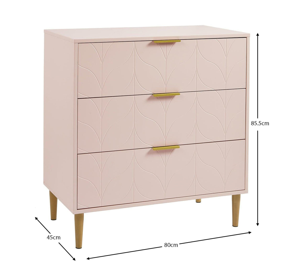 Gloria 3 Drawer Chest of Drawers - Blush Pink & Brass Effect