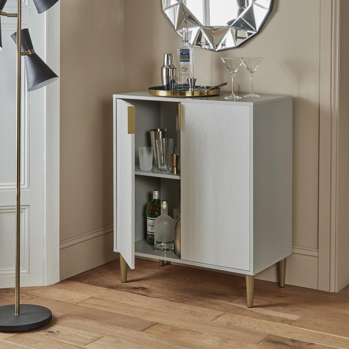 OUTLET - Gloria 2 Door Small Sideboard - Grey & Brass Legs