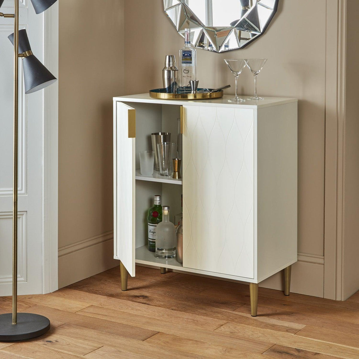 OUTLET - Gloria 2 Door Small Sideboard - White & Brass Legs