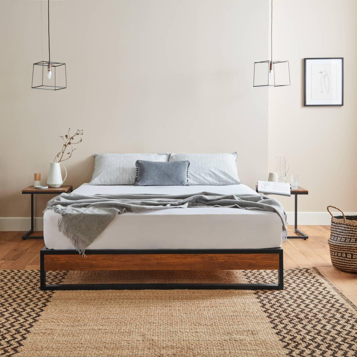 OUTLET - Heeley Double Platform Bed - Black Metal & Wood Effect