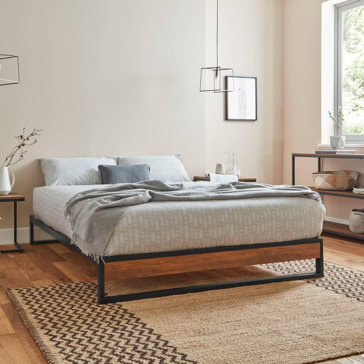 OUTLET - Heeley Double Platform Bed - Black Metal & Wood Effect