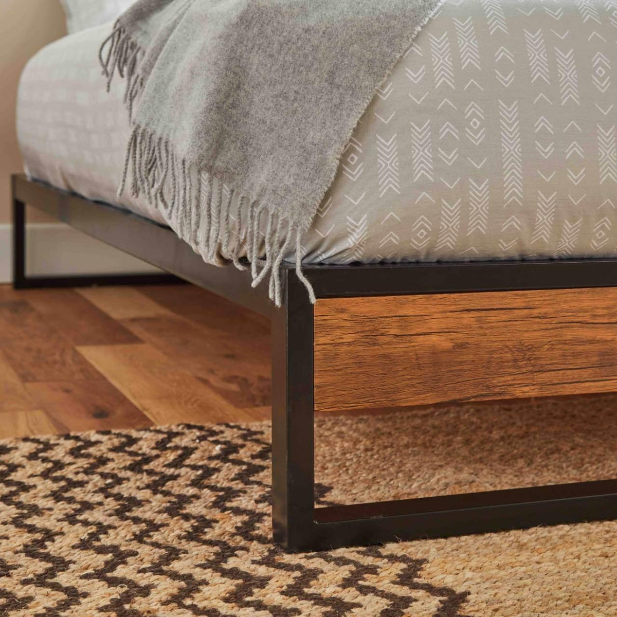 OUTLET - Heeley Double Platform Bed - Black Metal & Wood Effect