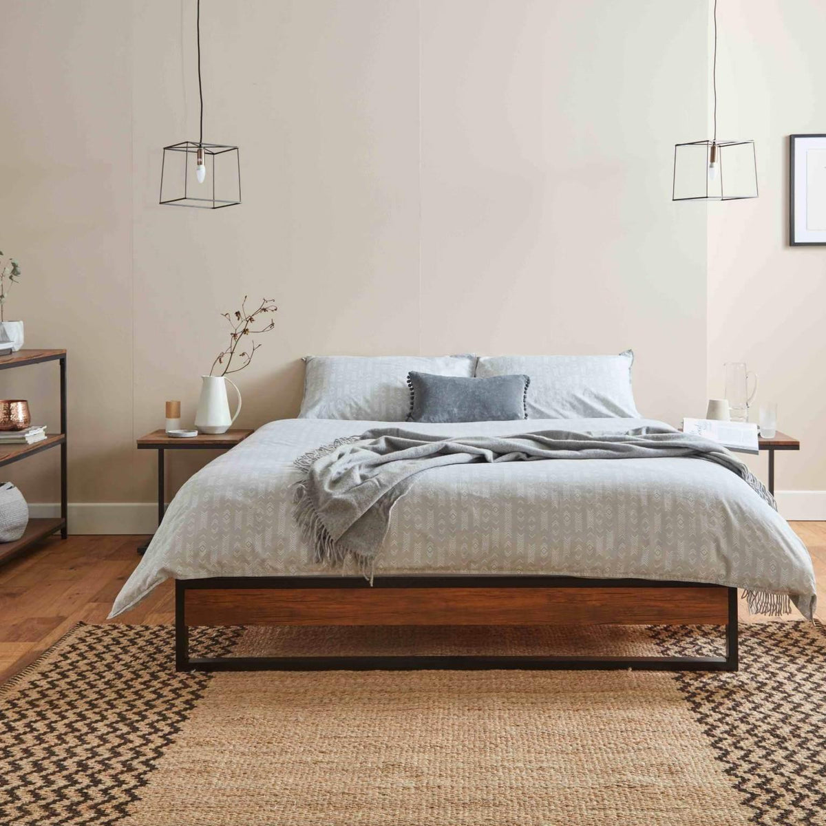OUTLET - Heeley King Size Platform Bed - Black Metal & Wood Effect