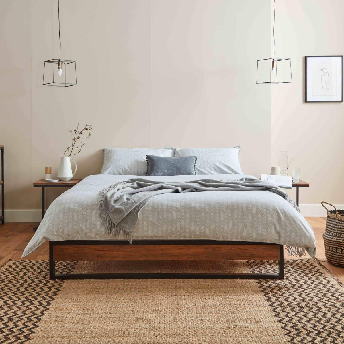 OUTLET - Heeley King Size Platform Bed - Black Metal & Wood Effect