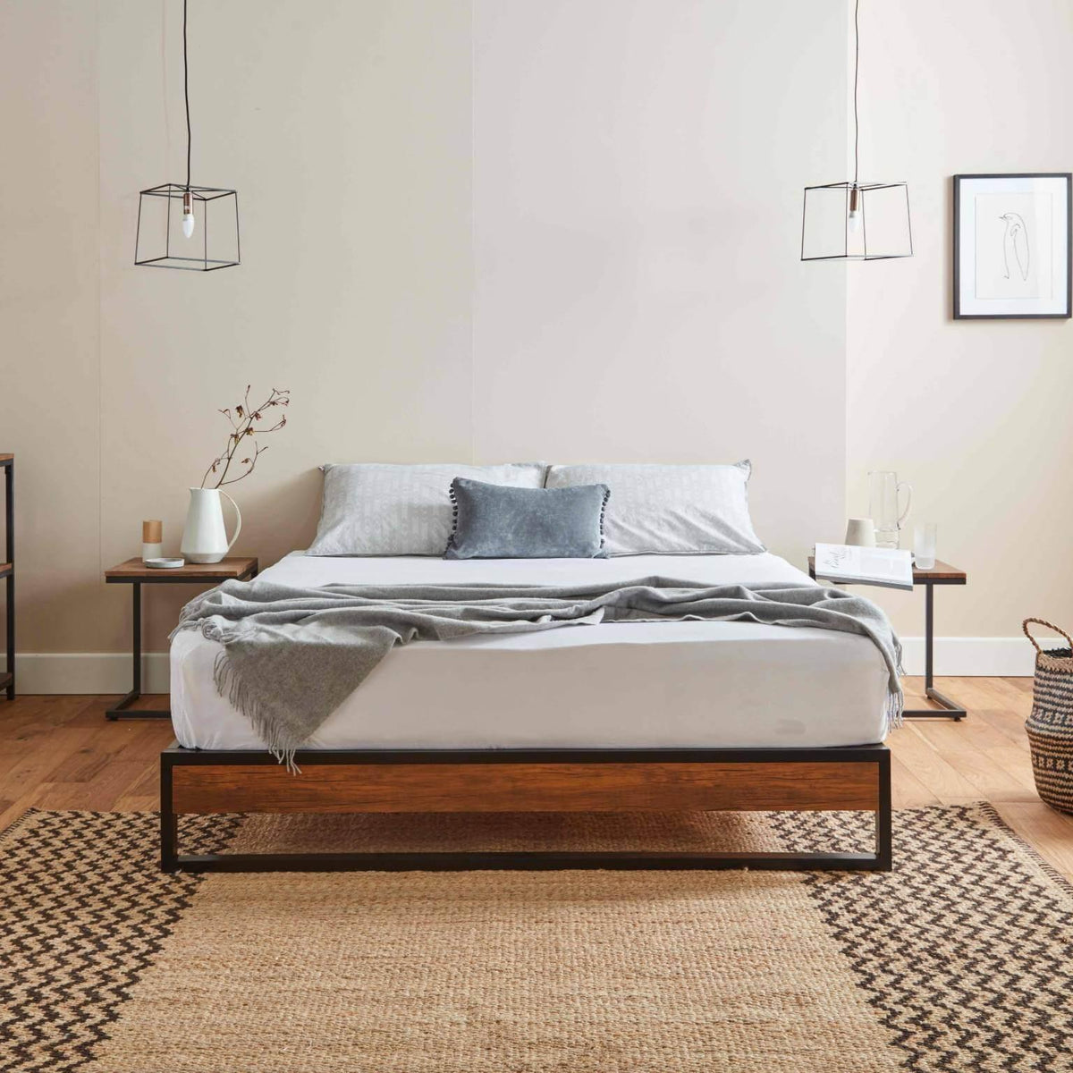 OUTLET - Heeley King Size Platform Bed - Black Metal & Wood Effect
