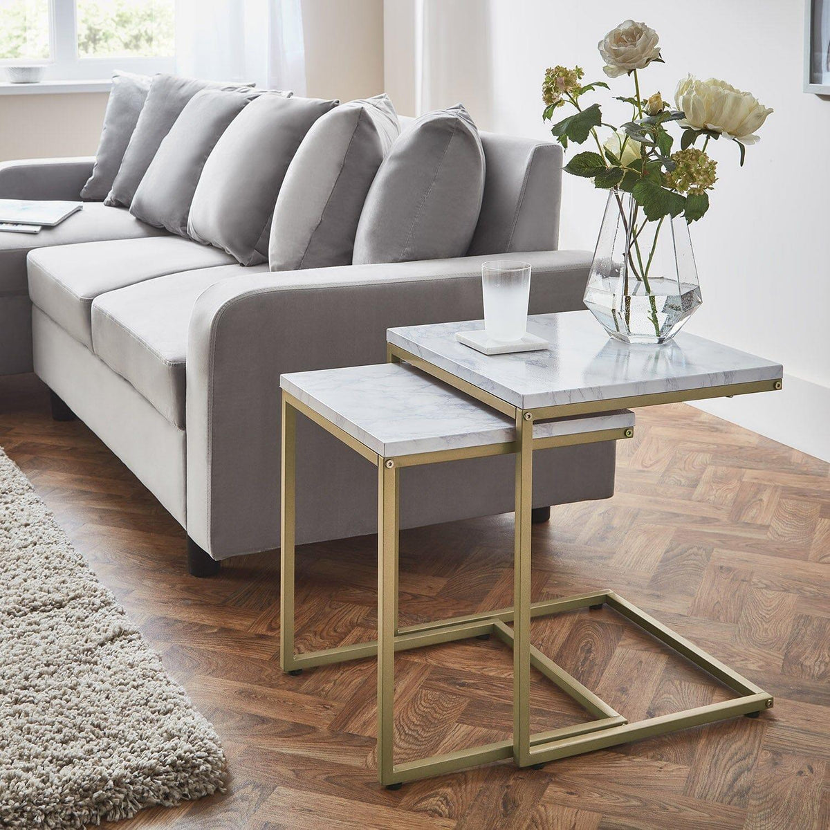OUTLET - Jay Marble Effect Nest of Tables - Gold Frame