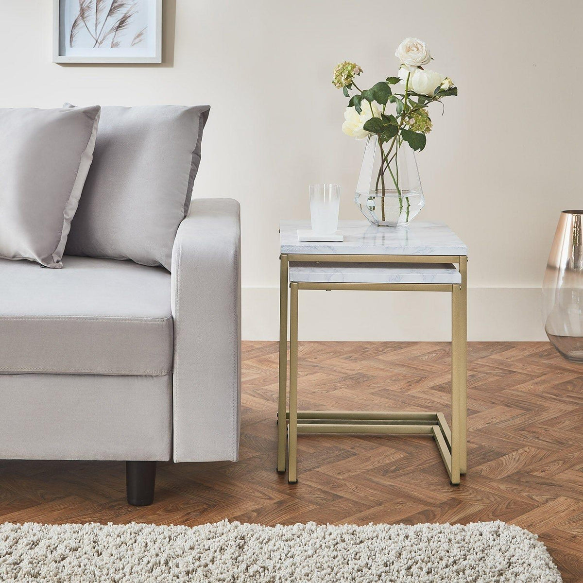 OUTLET - Jay Marble Effect Nest of Tables - Gold Frame
