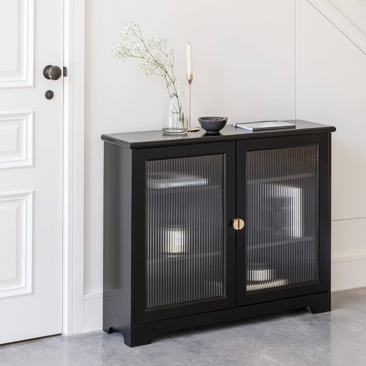 OUTLET - Lua 2 Door Narrow Sideboard - Noir Black with Glass Door