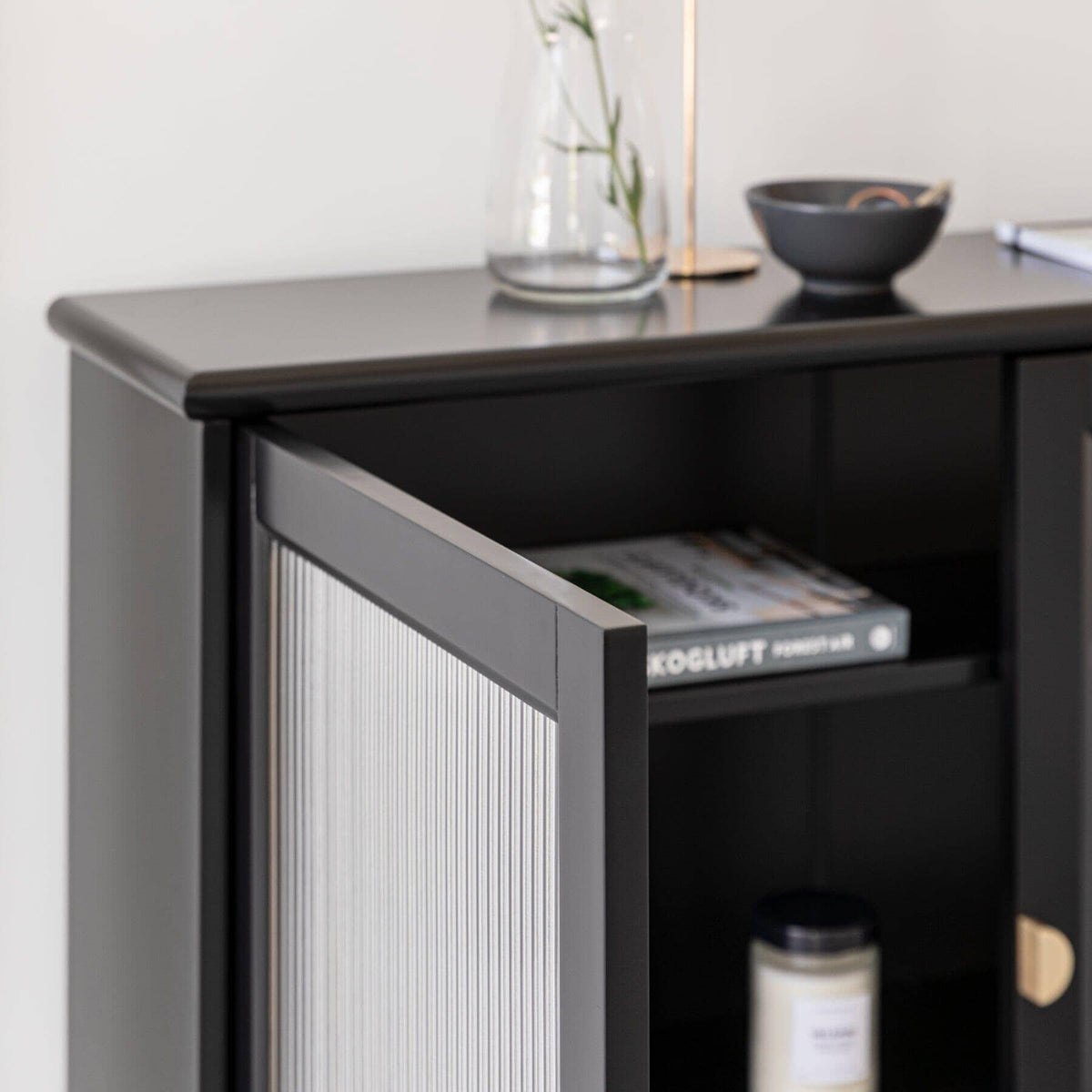 OUTLET - Lua 2 Door Narrow Sideboard - Noir Black with Glass Door