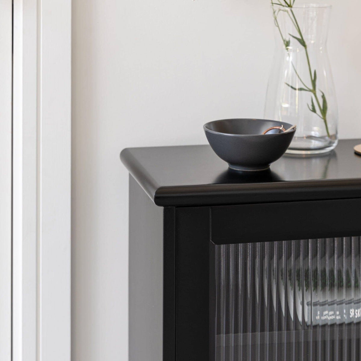 OUTLET - Lua 2 Door Narrow Sideboard - Noir Black with Glass Door