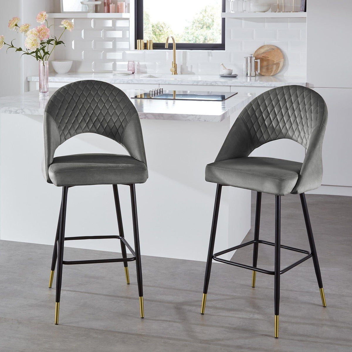 OUTLET - Marilyn Grey Velvet Bar Stool - Set of 2 - Black Steel Legs