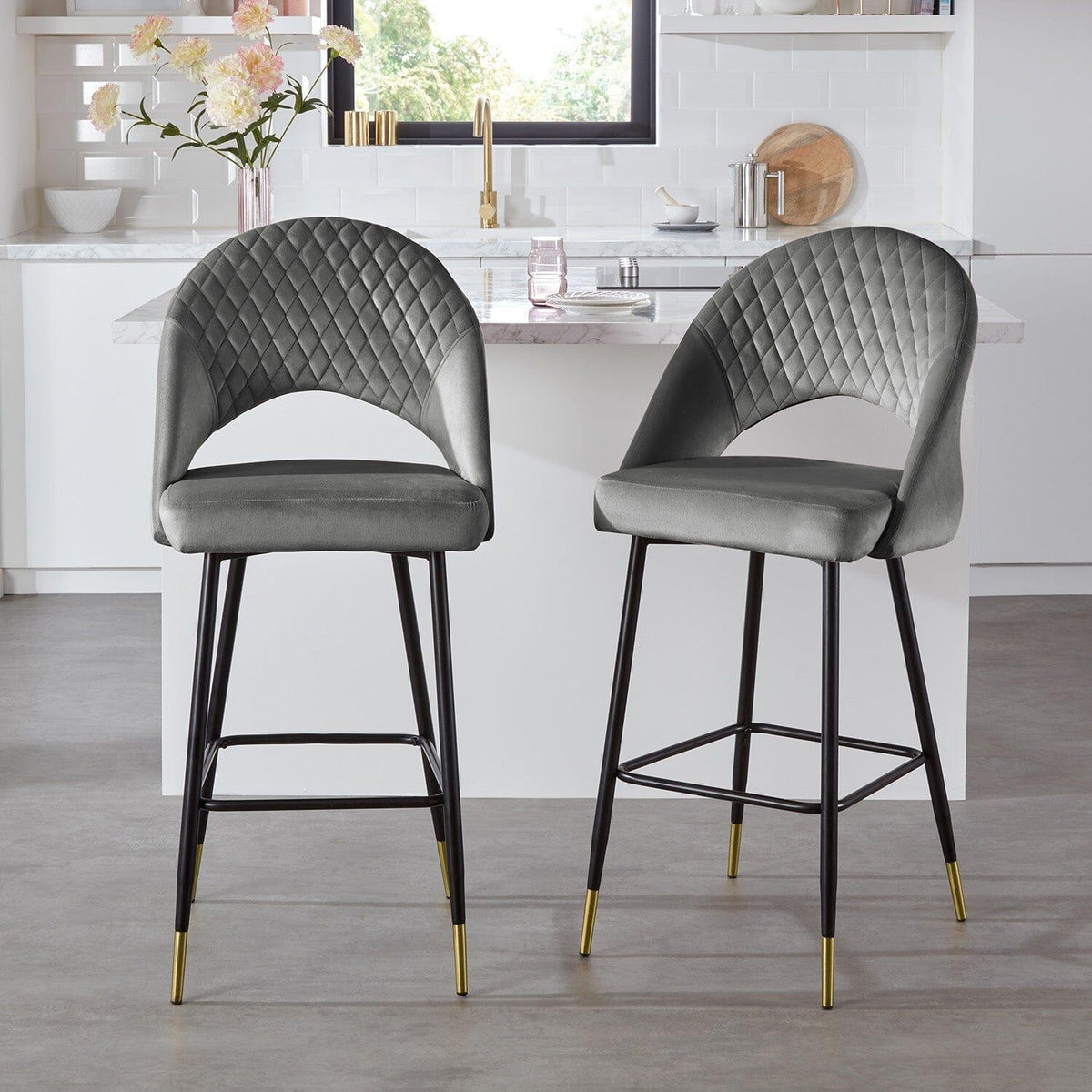 OUTLET - Marilyn Grey Velvet Bar Stool - Set of 2 - Black Steel Legs
