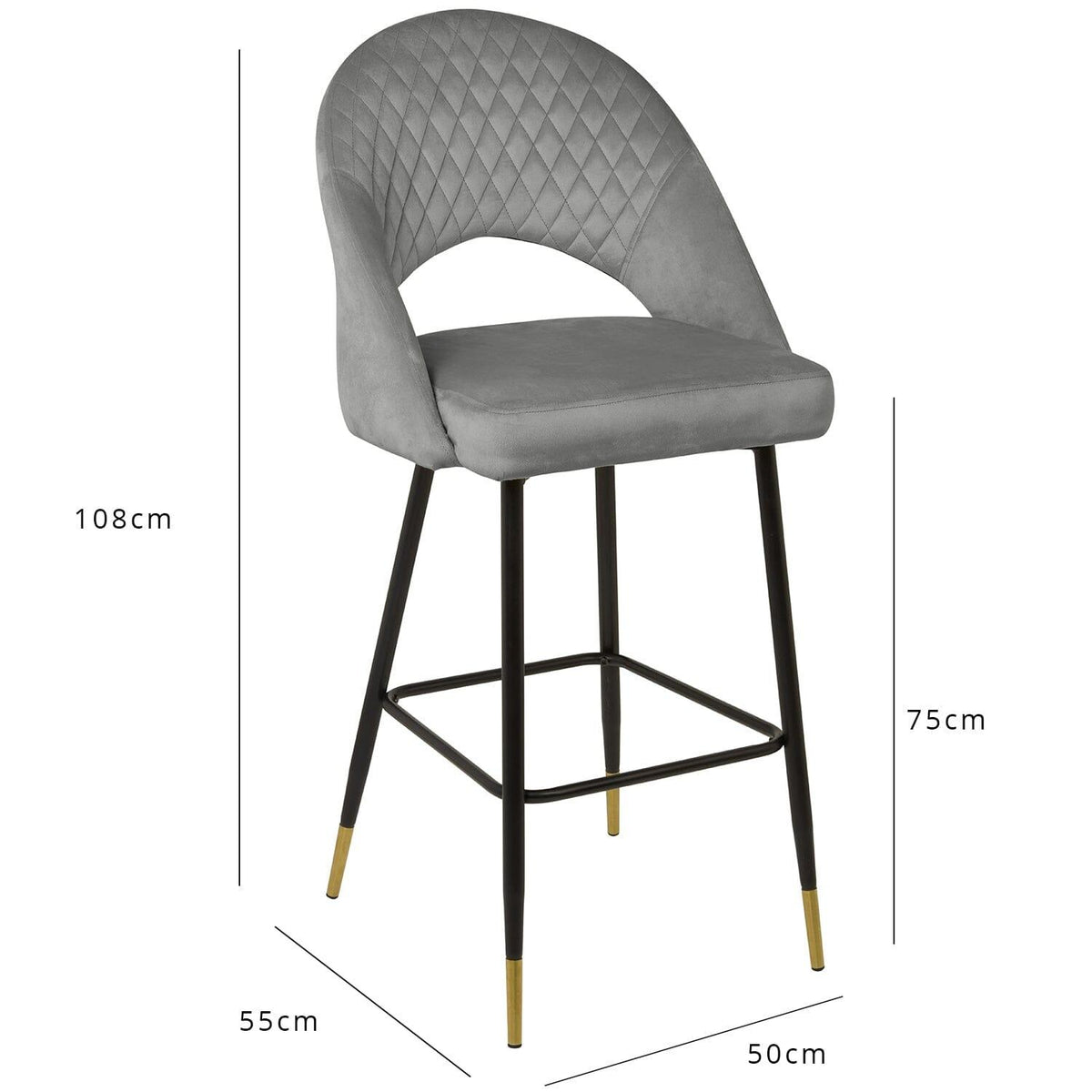 OUTLET - Marilyn Grey Velvet Bar Stool - Set of 2 - Black Steel Legs