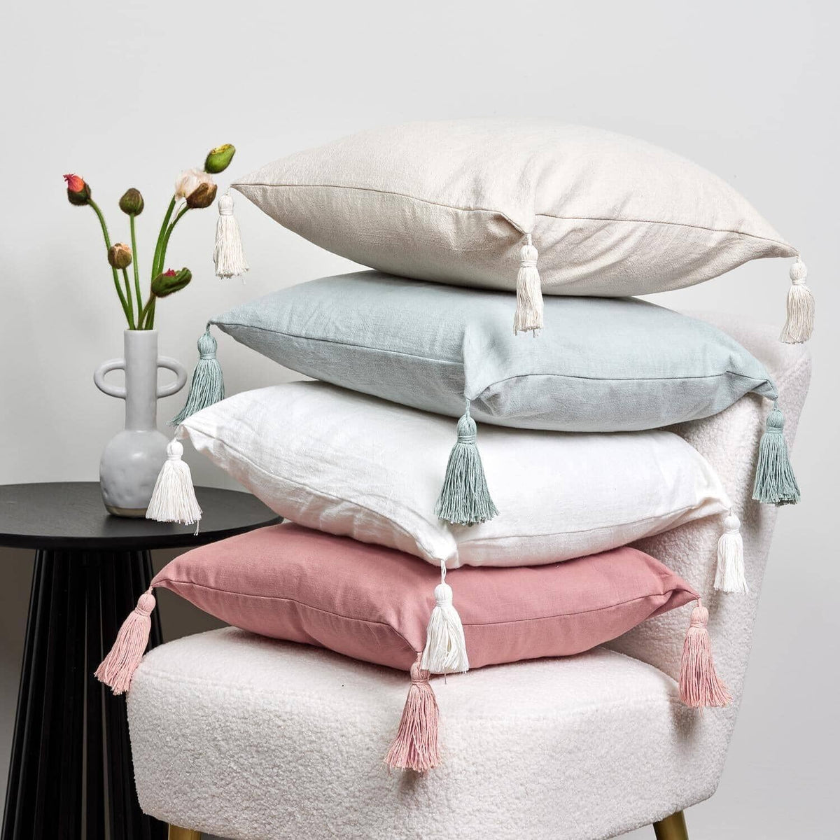 OUTLET - Otura 45x45cm Tasseled Cushion Cover - Ivory White