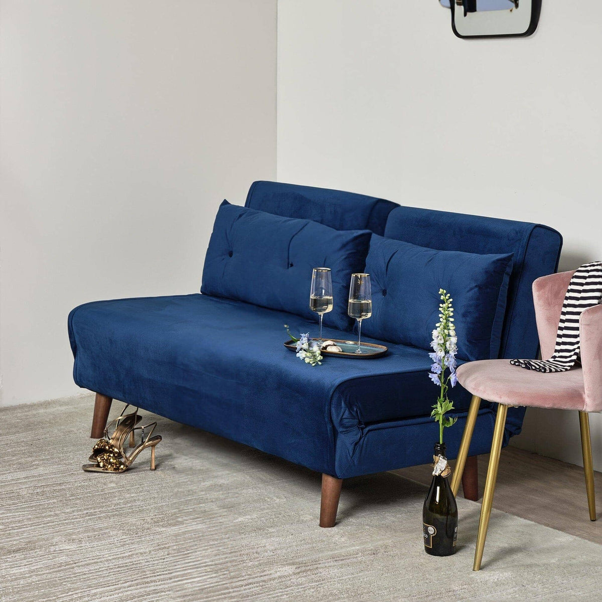 OUTLET - Una 2 Seater Double Sofa Bed - Blue Velvet