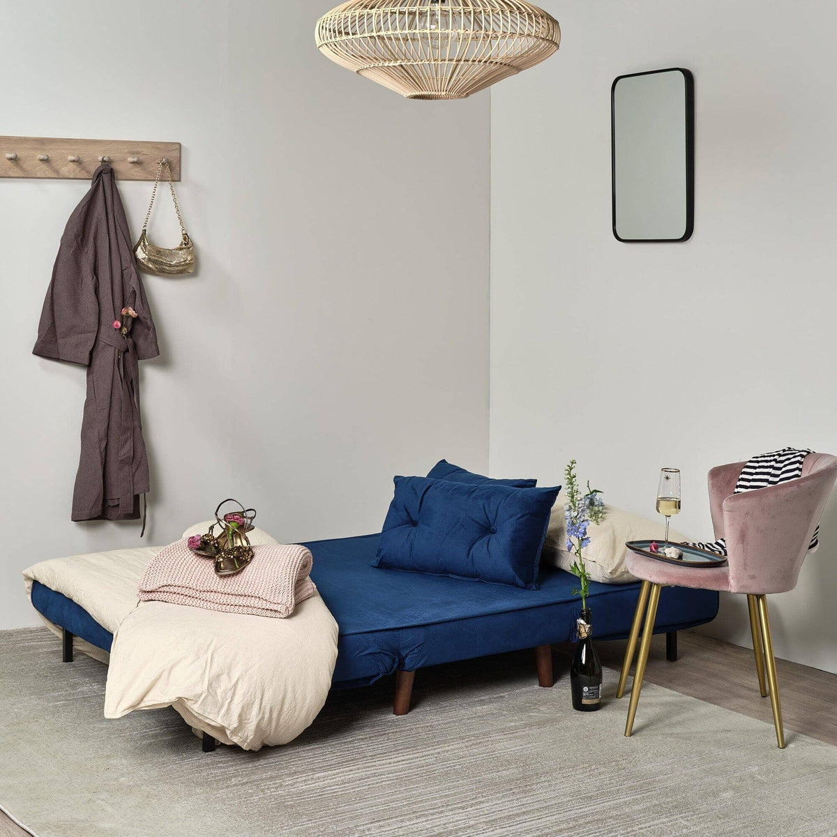 OUTLET - Una 2 Seater Double Sofa Bed - Blue Velvet