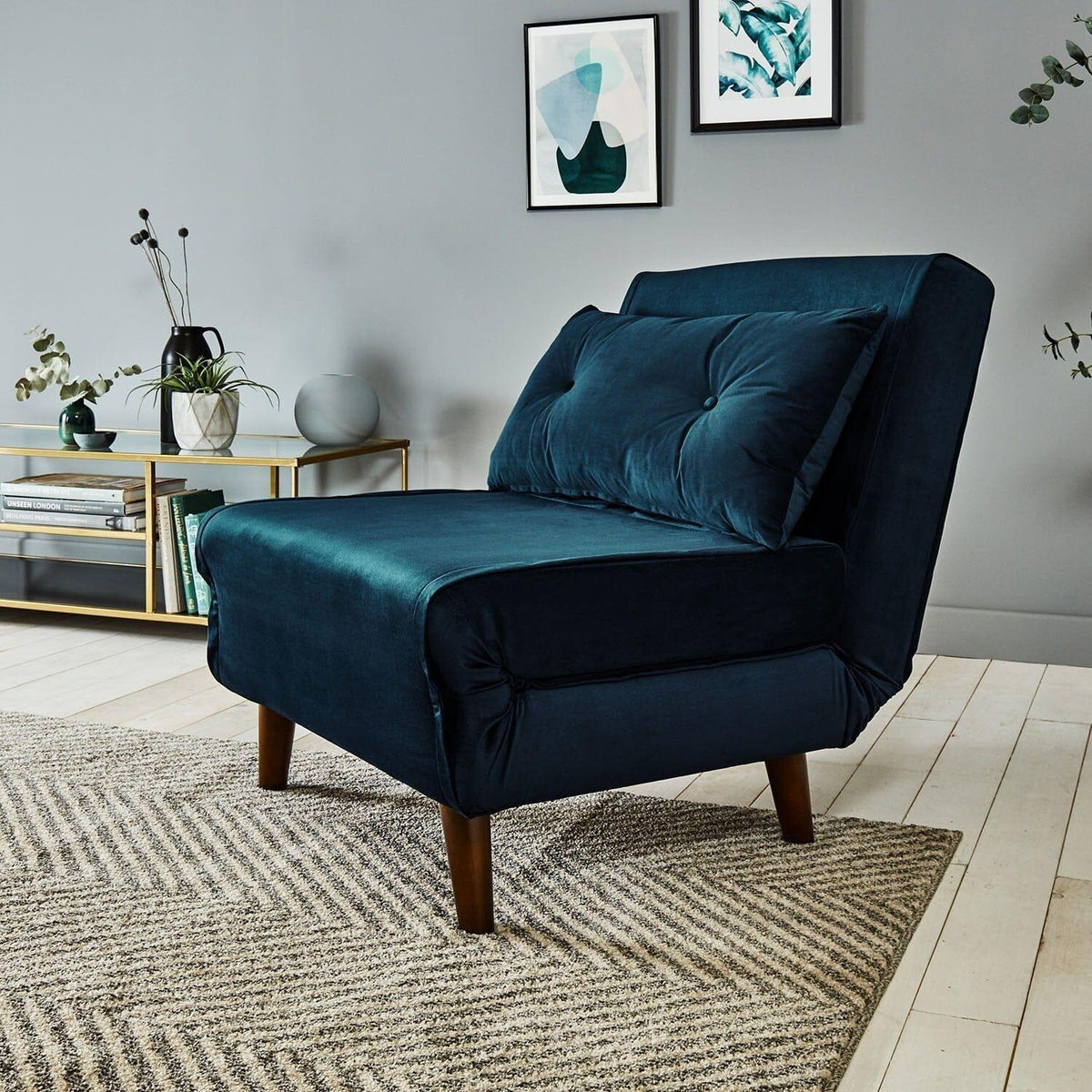 OUTLET - Una Single Sprung Sofa Bed - Blue - Velvet
