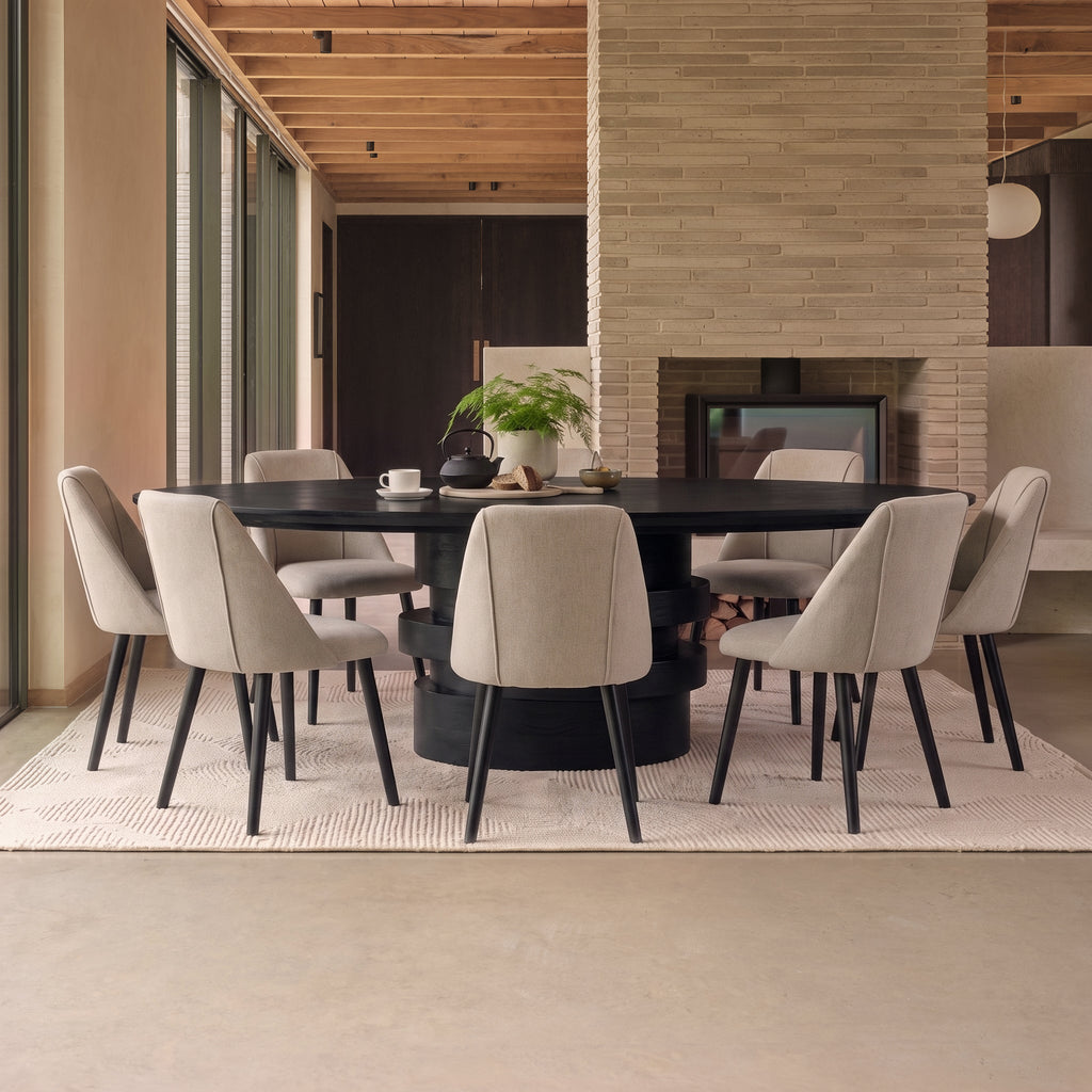 Adam 240cm Jet Black Mango Wood Oval Dining Table Set - 8 Seater - Freya Sand Dining Chair - Black Oak Legs