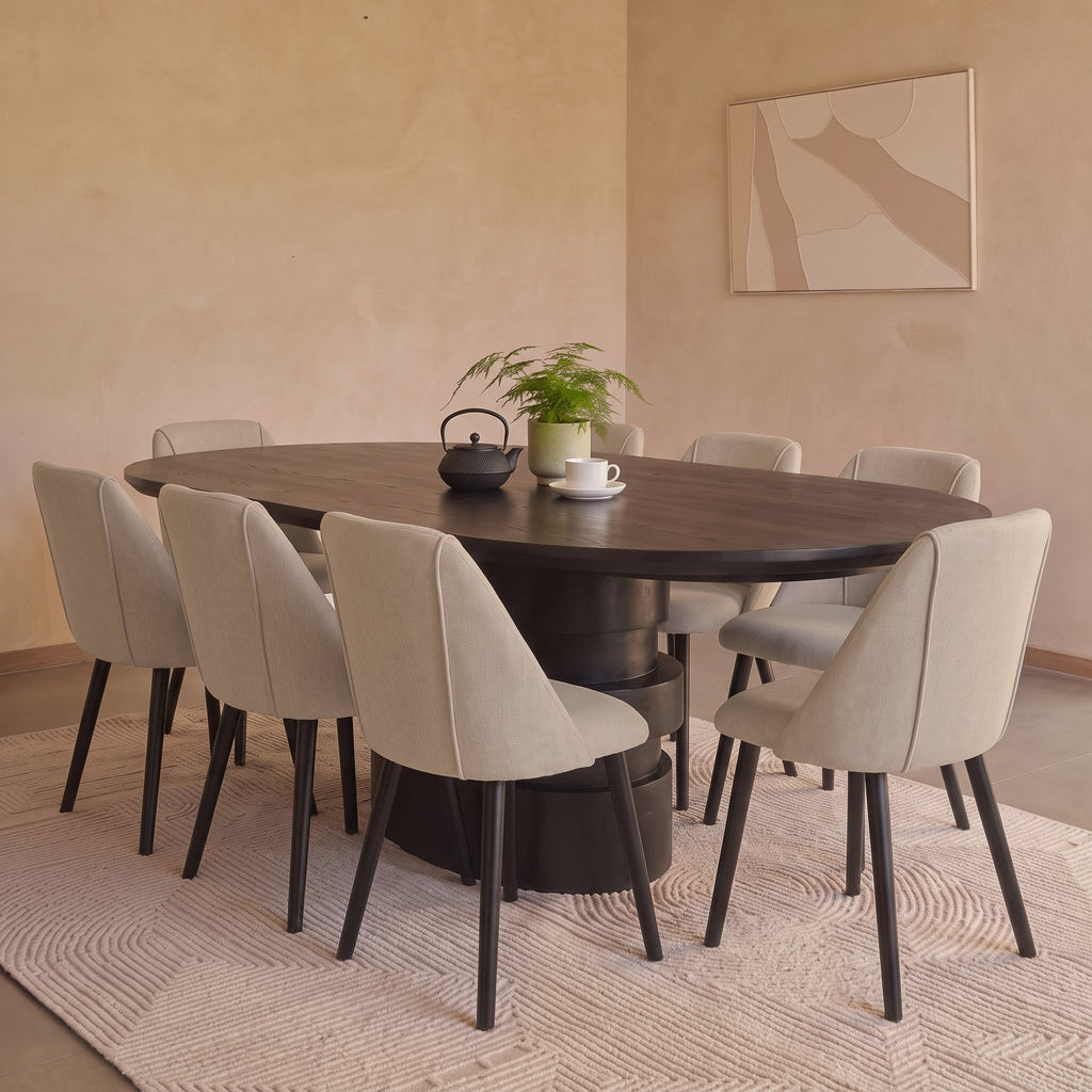 Adam 240cm Jet Black Mango Wood Oval Dining Table Set - 8 Seater - Freya Sand Dining Chair - Black Oak Legs