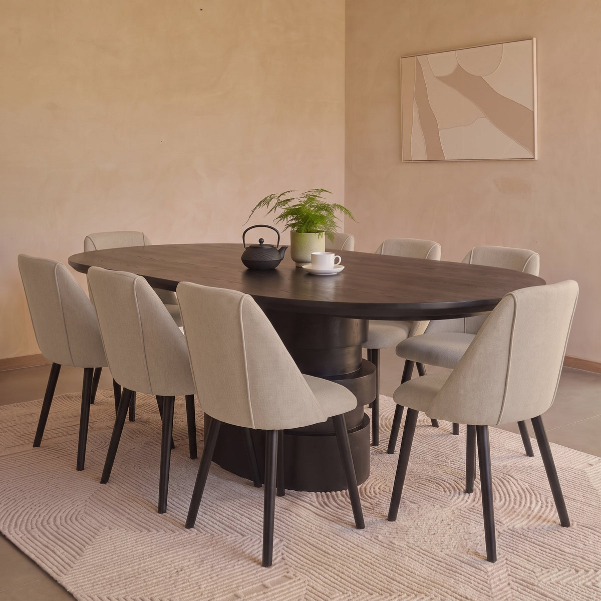 Adam 240cm Jet Black Mango Wood Oval Dining Table Set - 8 Seater - Freya Sand Dining Chair - Black Oak Legs