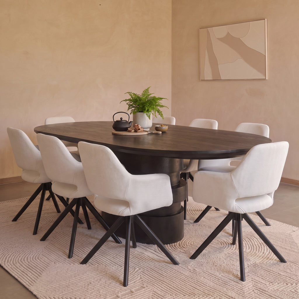 Adam 240cm Jet Black Mango Wood Oval Dining Table Set - 8 Seater - Parker Snow White Boucle Office Chairs - Black Metal Legs