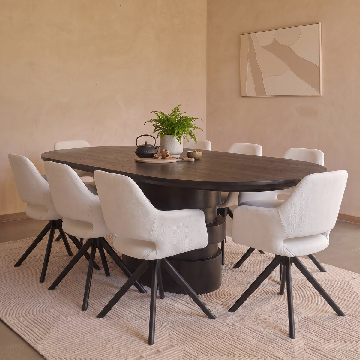 Adam 240cm Jet Black Mango Wood Oval Dining Table Set - 8 Seater - Parker Snow White Boucle Office Chairs - Black Metal Legs