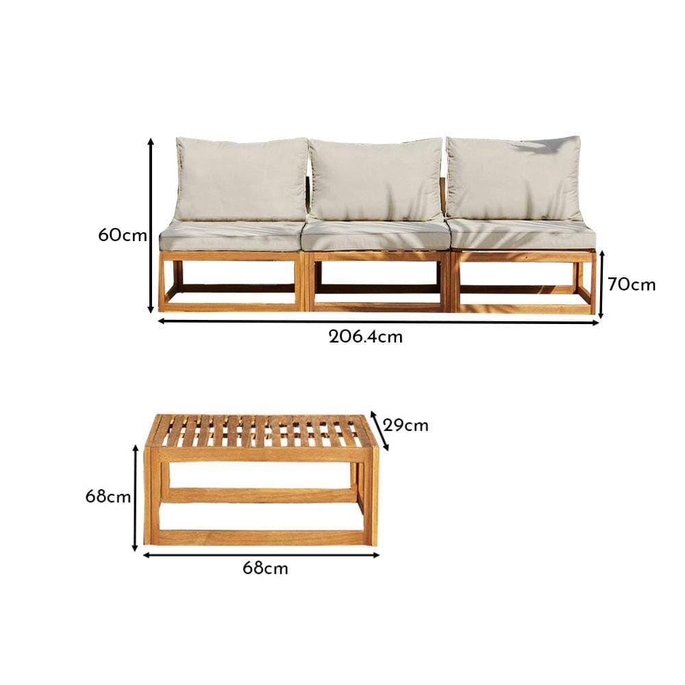Rowan 3 Seater Wooden Garden Armless Sofa & Coffee Table Set - Sand