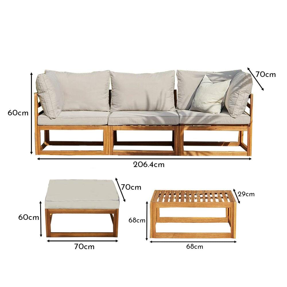 Rowan 3 Seater Wooden Garden Sofa - Footstool & Coffee Table