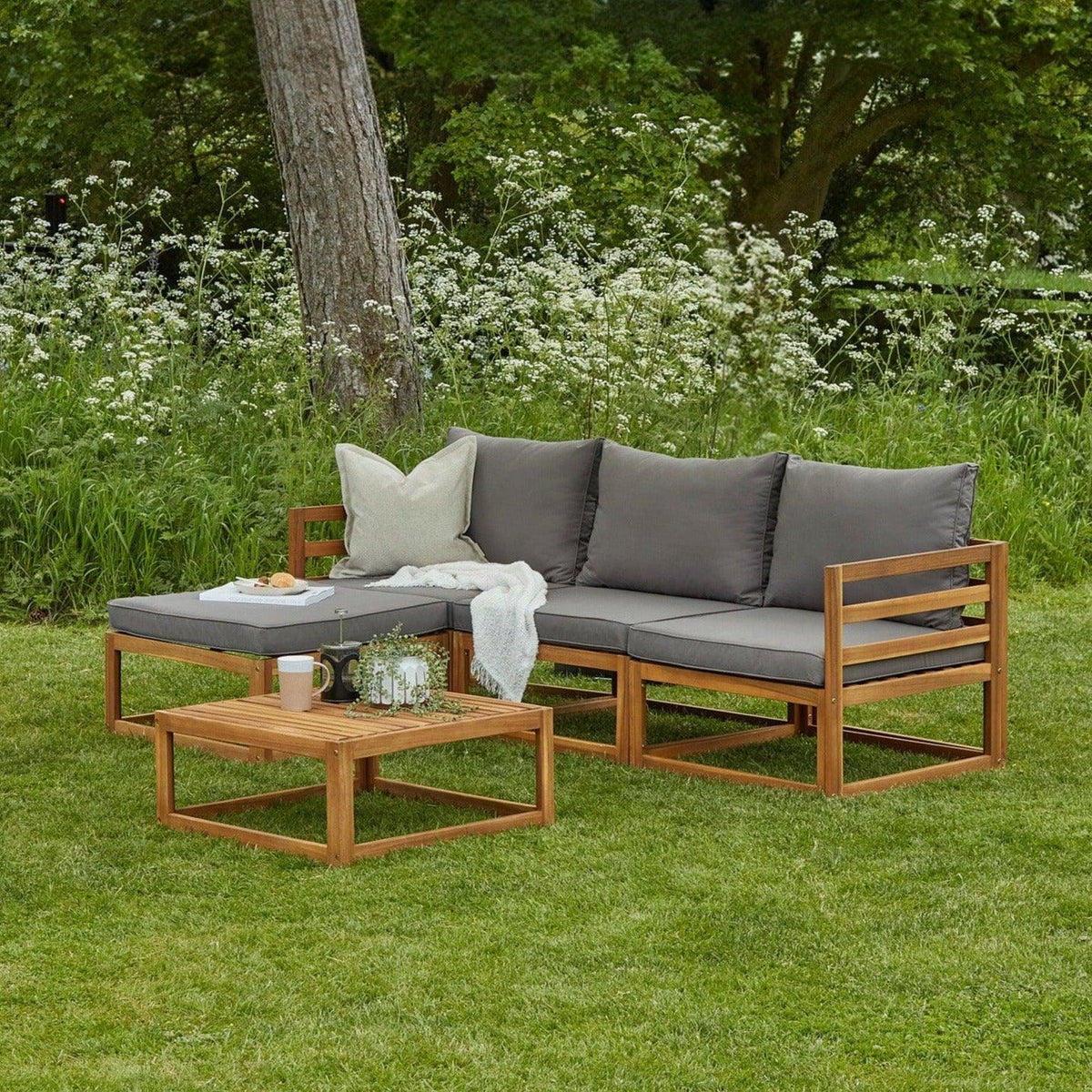Rowan 3 Seater Wooden Garden Sofa Set with Footstool & Coffee Table - Grey