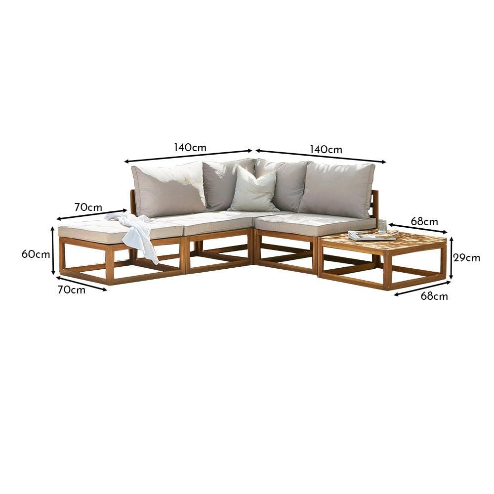 Rowan 4 Seater Wooden Garden Chaise Corner Sofa Set - Grey
