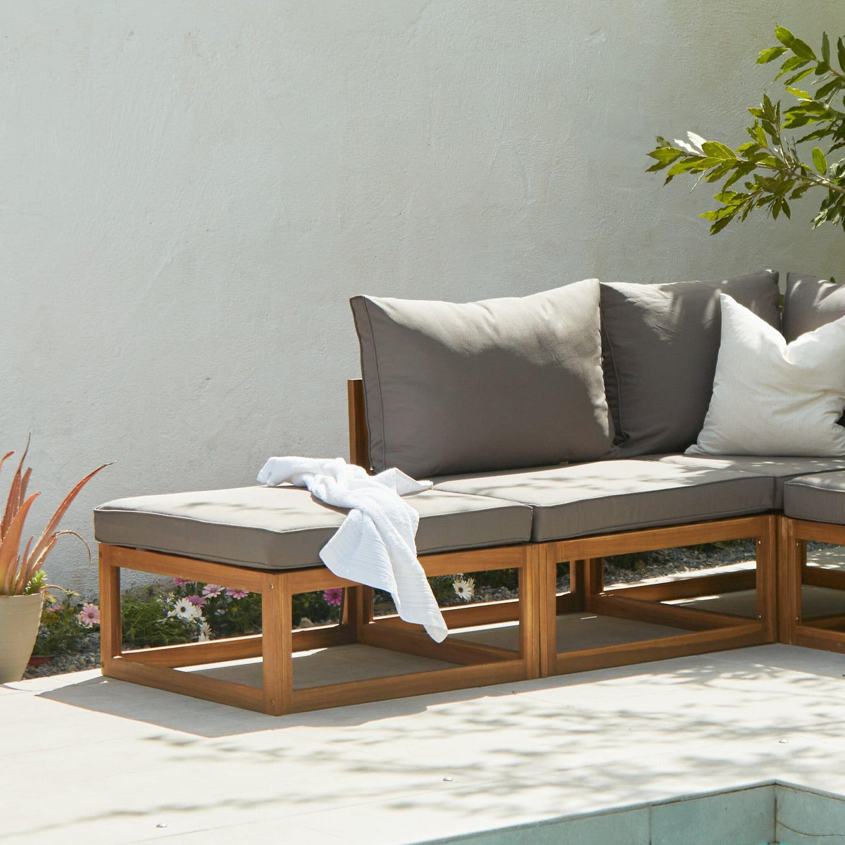 Rowan 4 Seater Wooden Garden Chaise Corner Sofa Set - Grey
