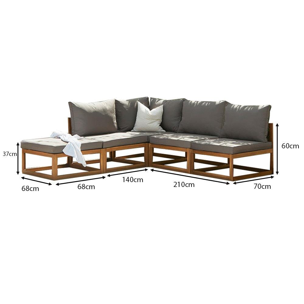 Rowan 5 Seater Wooden Garden Chaise Corner Sofa Set - Grey