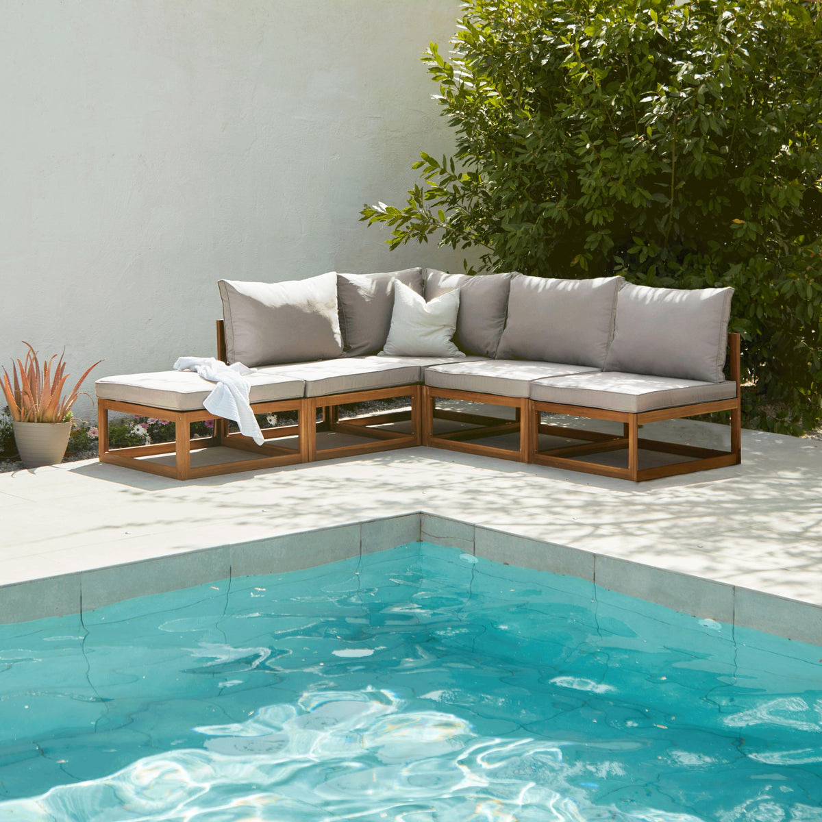 Rowan 5 Seater Wooden Garden Chaise Corner Sofa Set - Sand