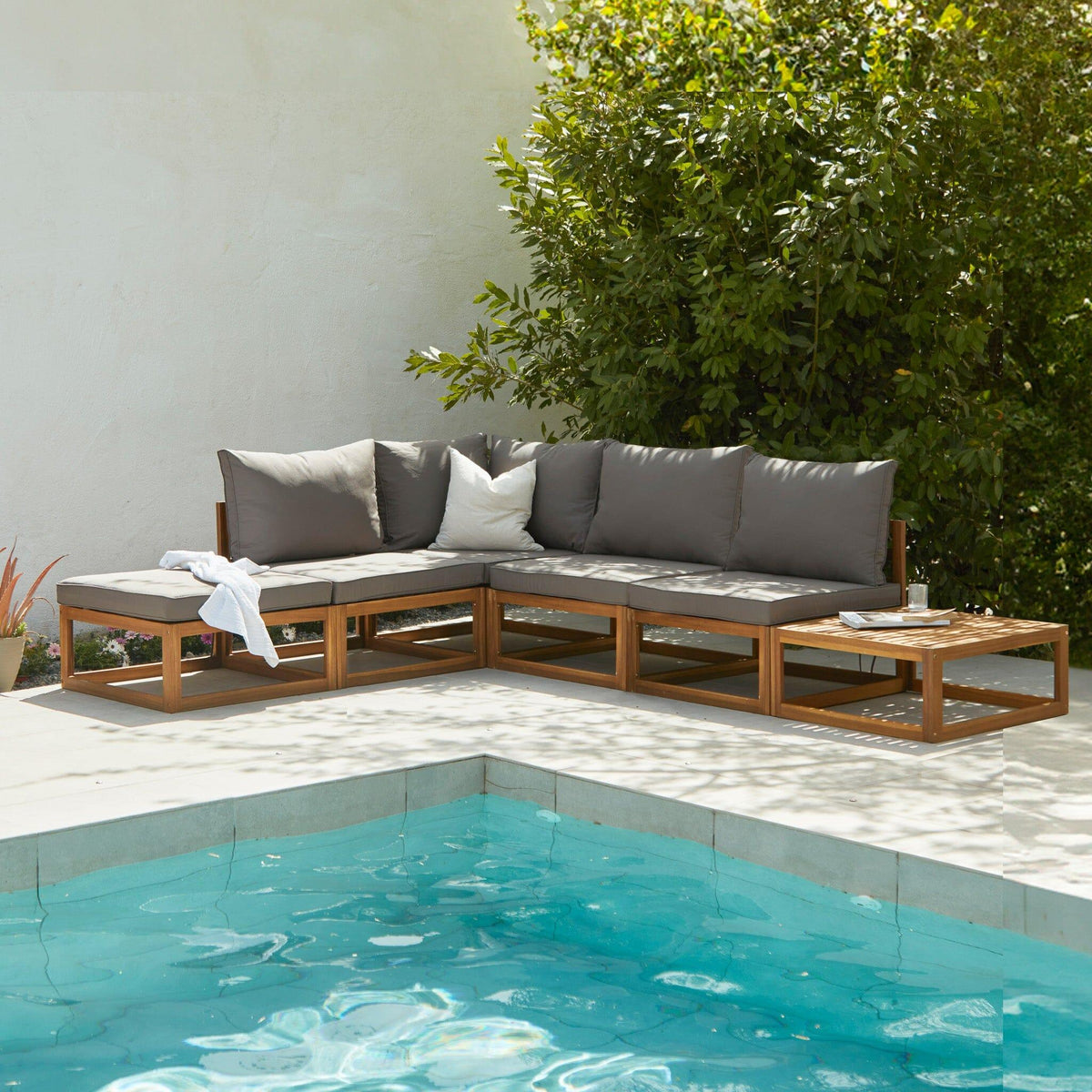 Rowan 5 Seater Wooden Garden Chaise Corner Sofa Set with Coffee Table - Grey