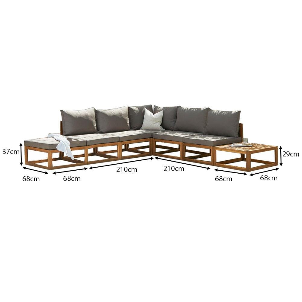 Rowan 6 Seater Wooden Garden Chaise Corner Sofa Set with Coffee Table - Grey