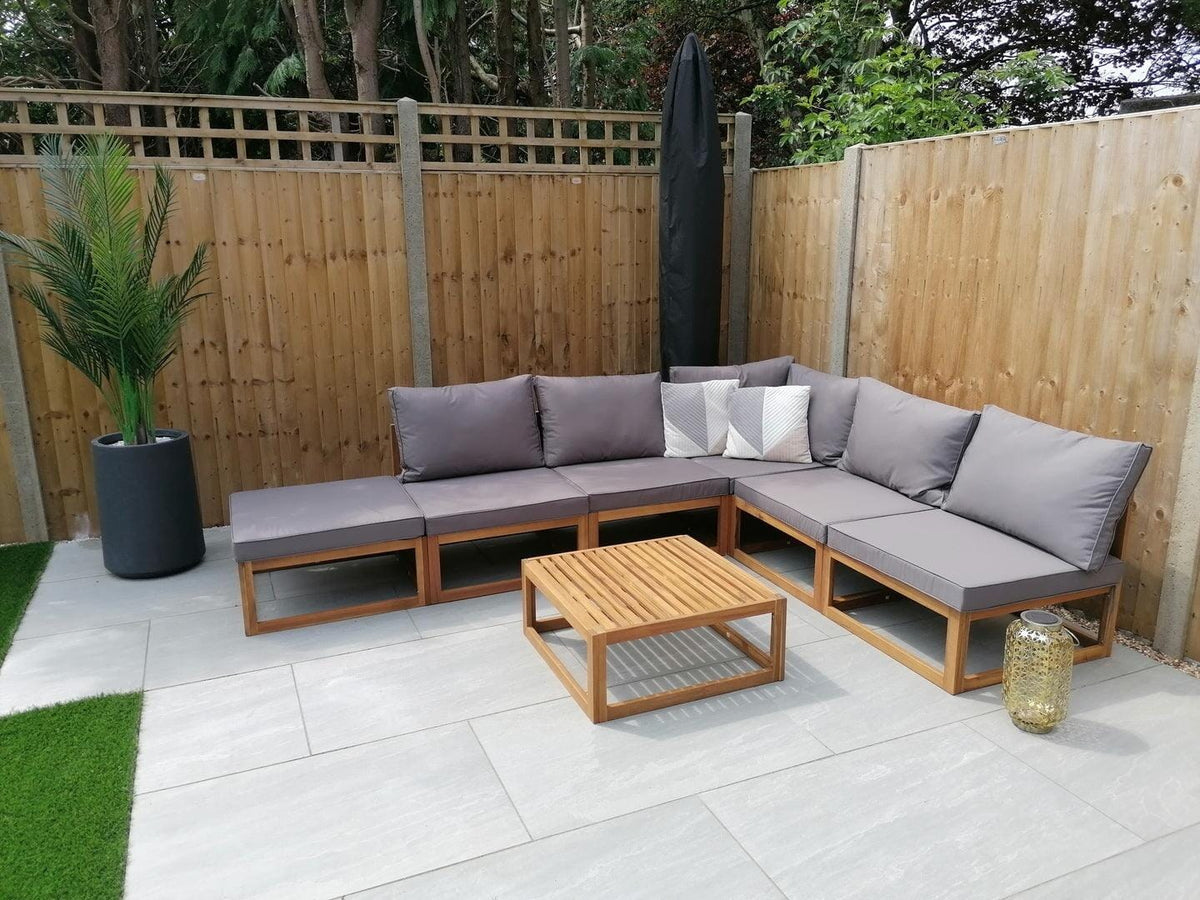 Rowan 6 Seater Wooden Garden Chaise Corner Sofa Set with Coffee Table - Grey