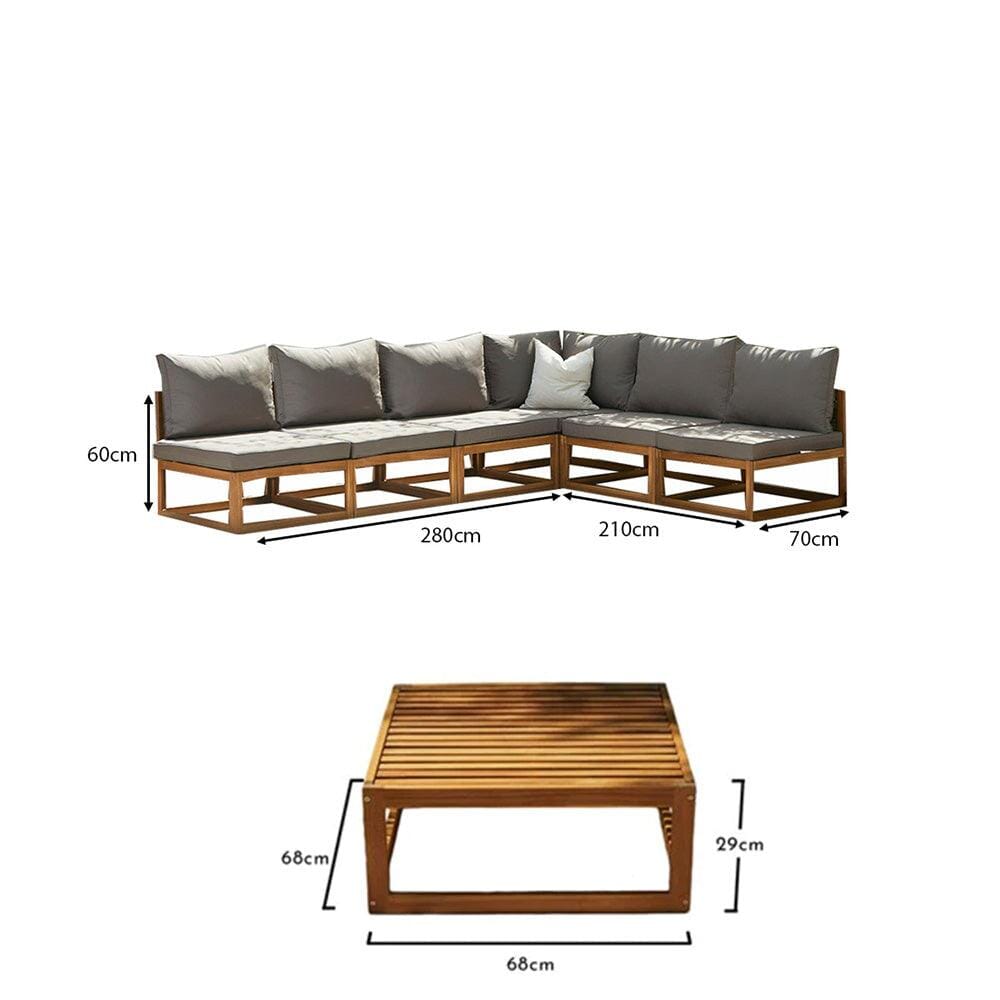Rowan 6 Seater Wooden Garden Corner Sofa Set with Coffee Table - Grey