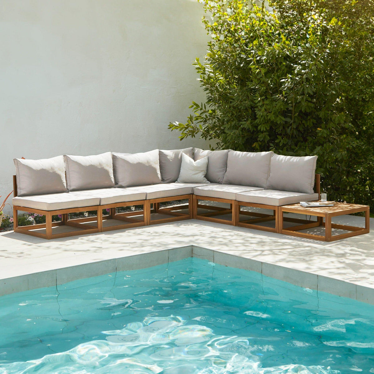 Rowan 6 Seater Wooden Garden Corner Sofa Set with Coffee Table - Sand