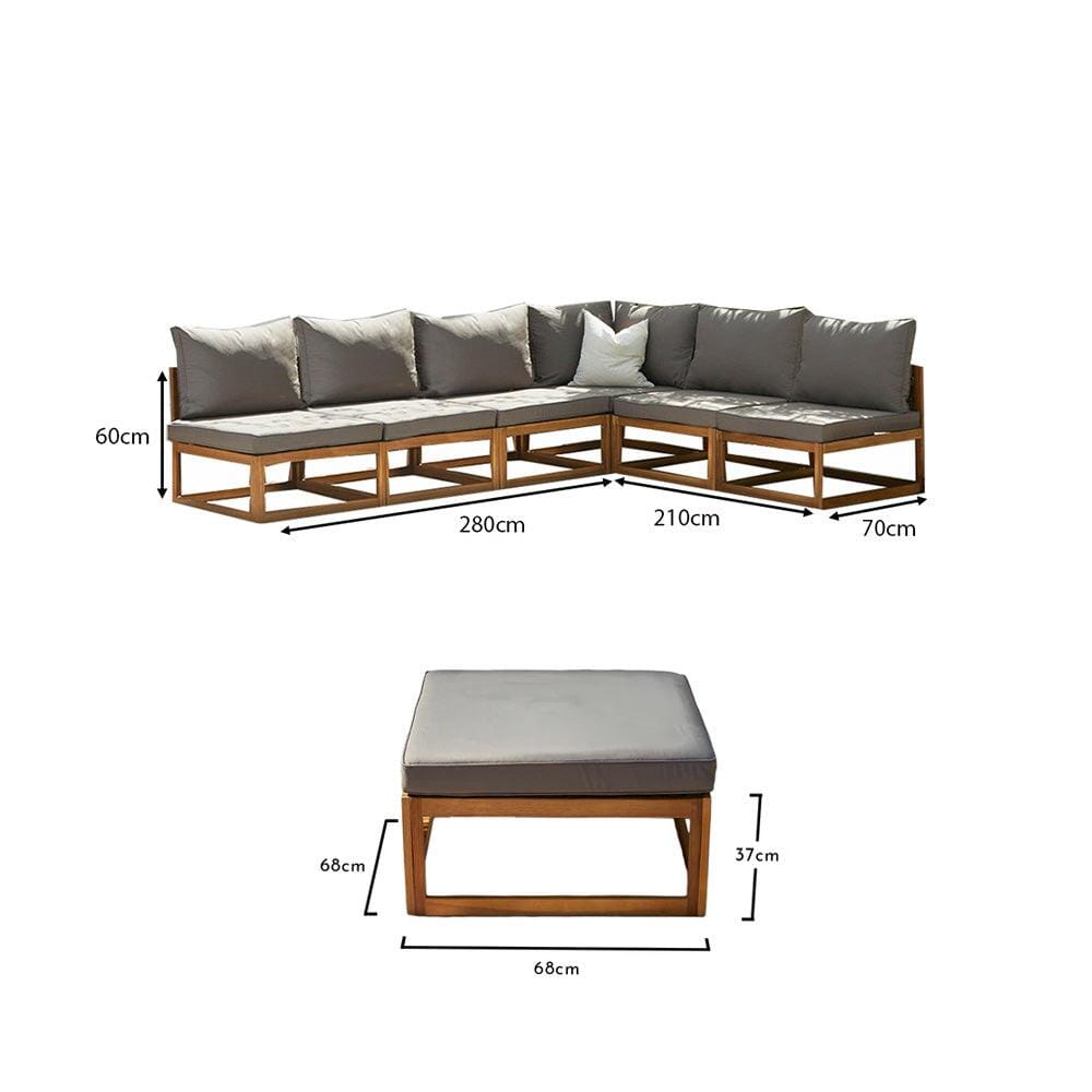 Rowan 7 Seater Wooden Garden Chaise Corner Sofa Set - Grey