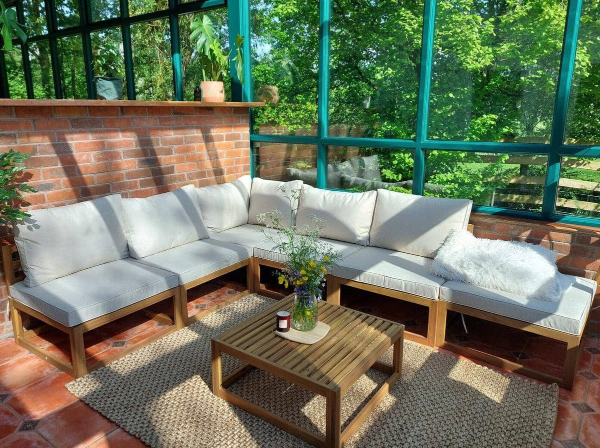Rowan 7 Seater Wooden Garden Chaise Corner Sofa Set with Coffee Table - Sand