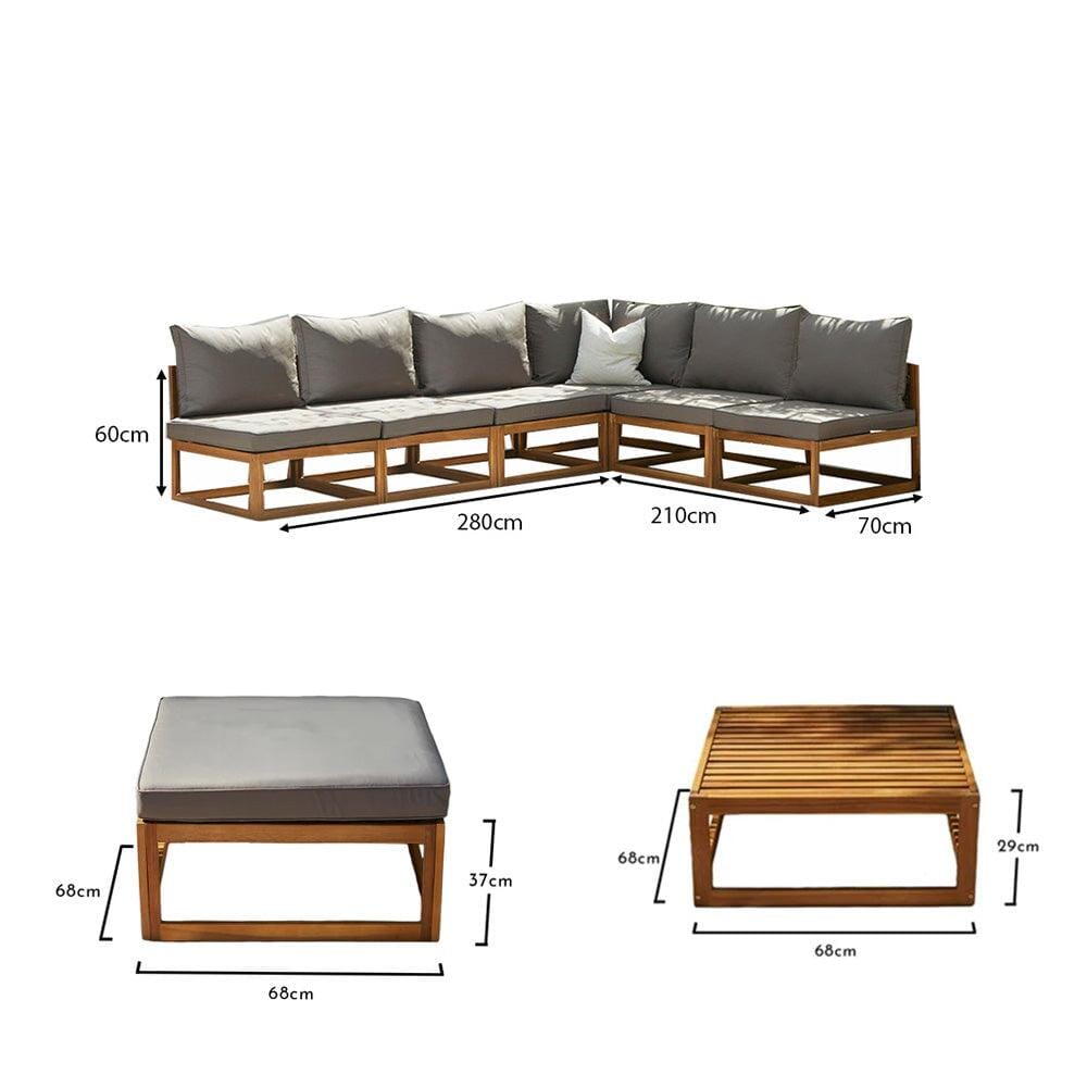 Rowan 7 Seater Wooden Garden Corner Sofa Set - Grey