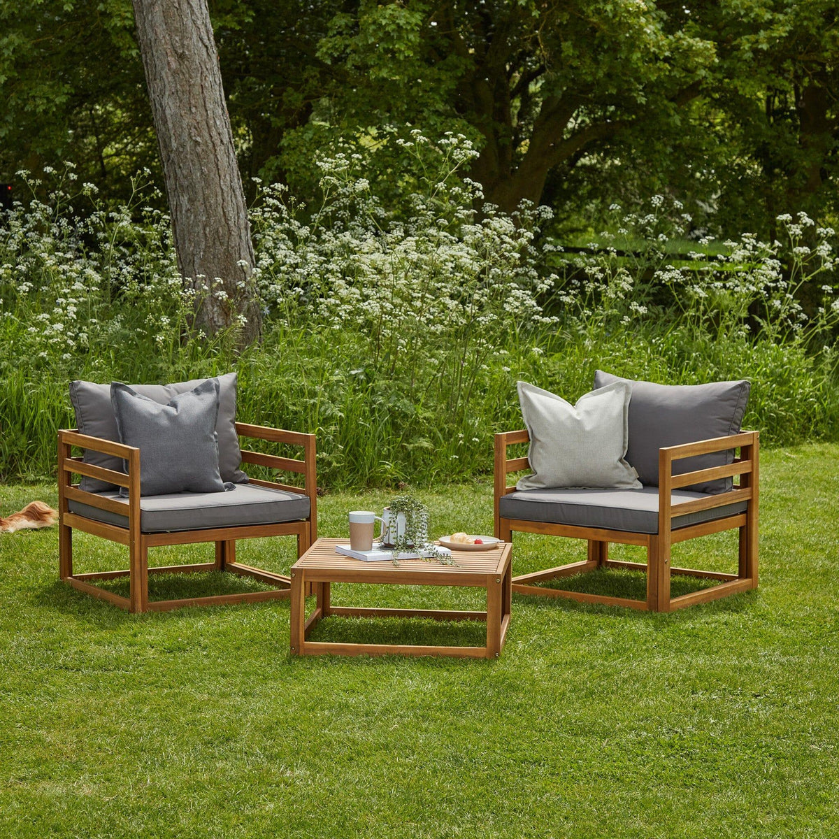 Rowan Wooden Garden Set with 2 Seater Sofa - 2 Armchairs with Coffee Table - Grey
