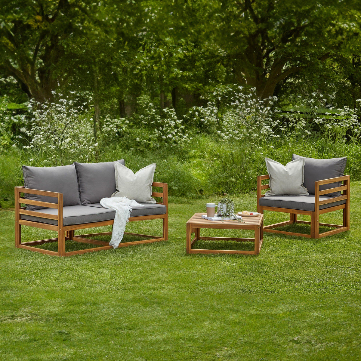 Rowan Wooden Garden Set with 2 Seater Sofa with Armchair & Coffee Table - Grey