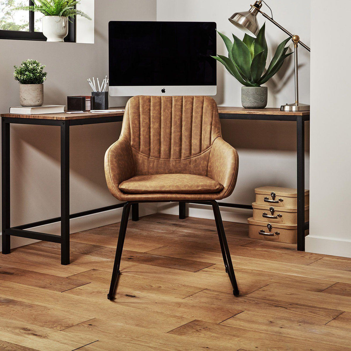 Sheffield Corner Desk - Black/Natural & Sheffield Faux Leather Chair - Brown