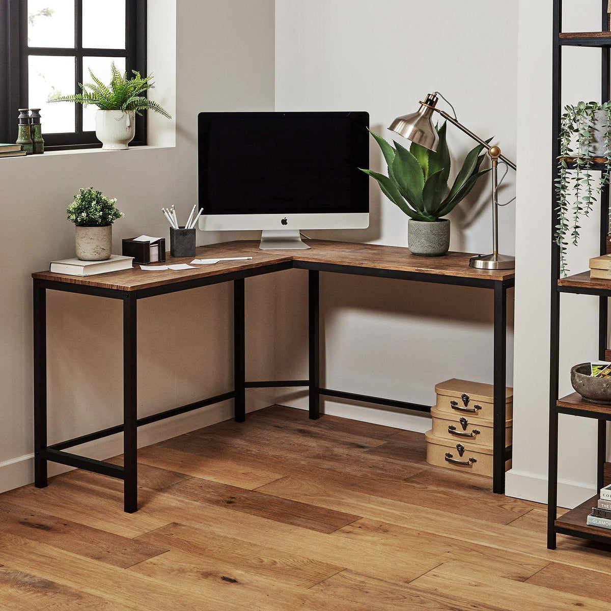 Sheffield Corner Desk - Black/Natural & Sheffield Faux Leather Chair - Brown