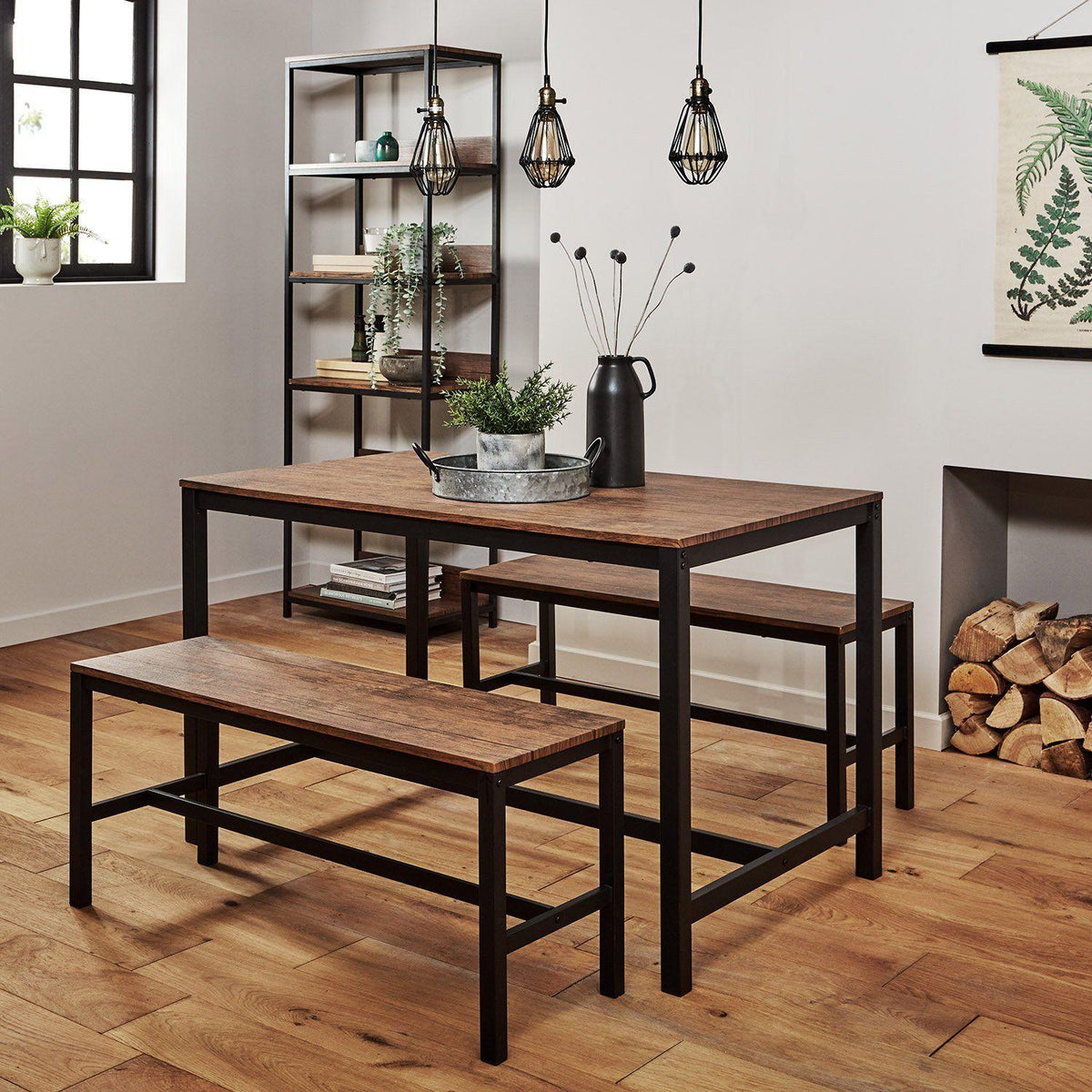 Sheffield Rich Oak Dining Table Set - 4 Seater - 2 Sheffield Benches - Matte Black Legs