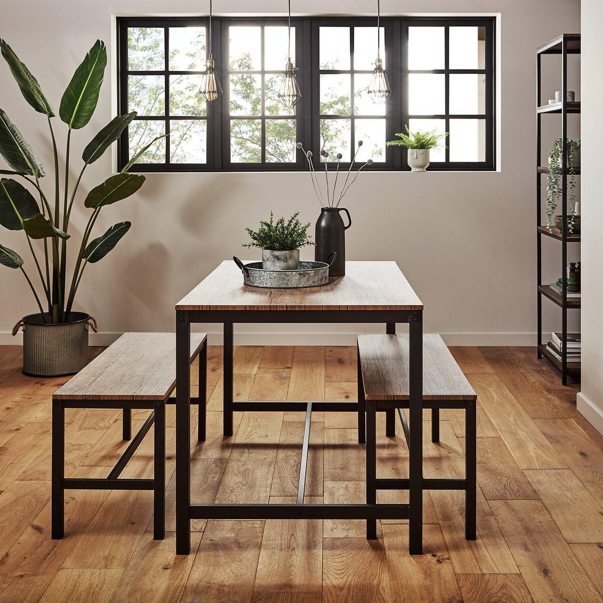 Sheffield Rich Oak Dining Table Set - 4 Seater - 2 Sheffield Benches - Matte Black Legs
